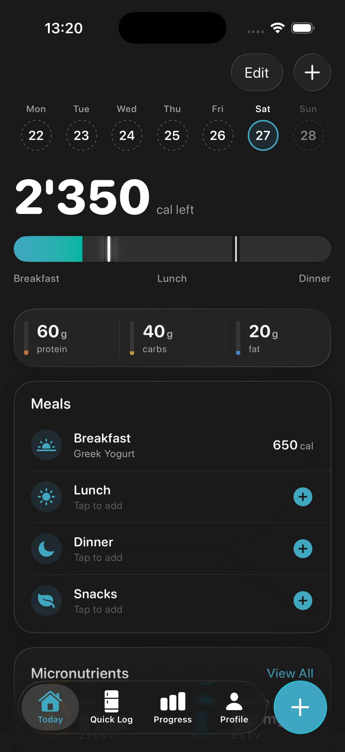 Caltria app, Today screen showing calories and macros